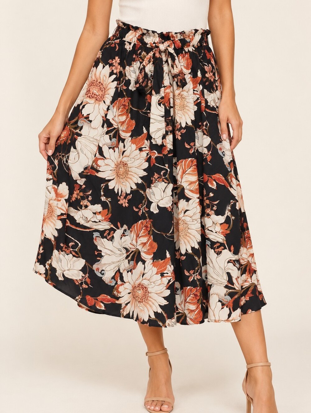 Cupshe Floral Midi Skirt Black Orange Cream XL